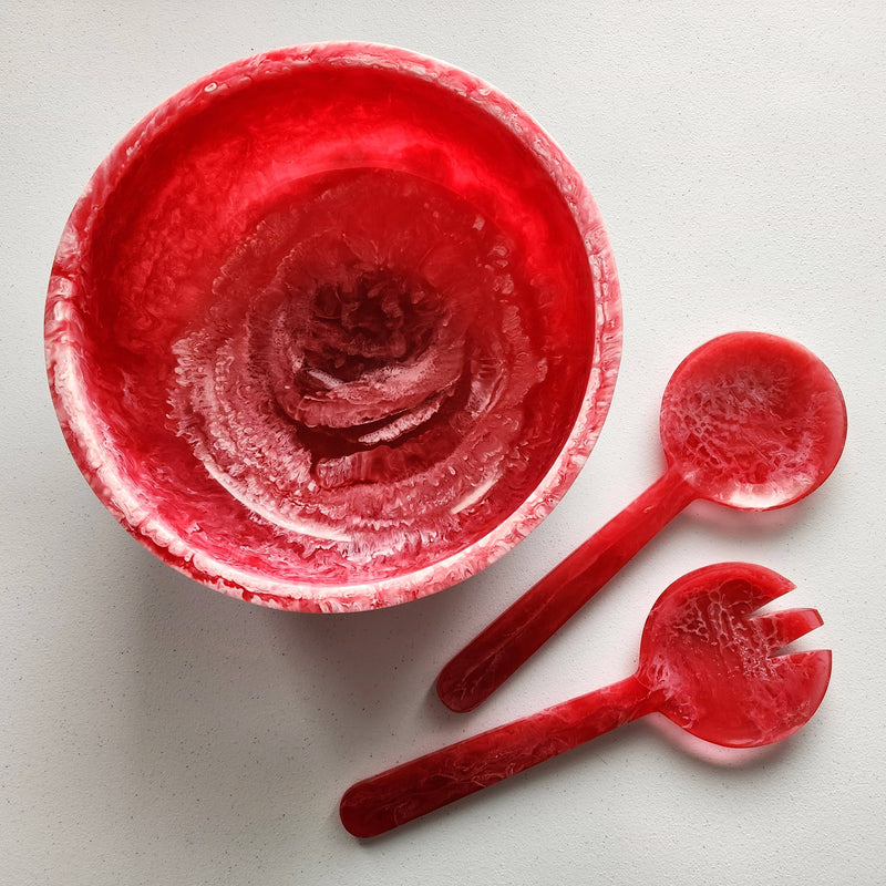 Gibb & Daan - Large Hand Poured Resin Salad Serving Bowl - Matching Server: Reddish Pink