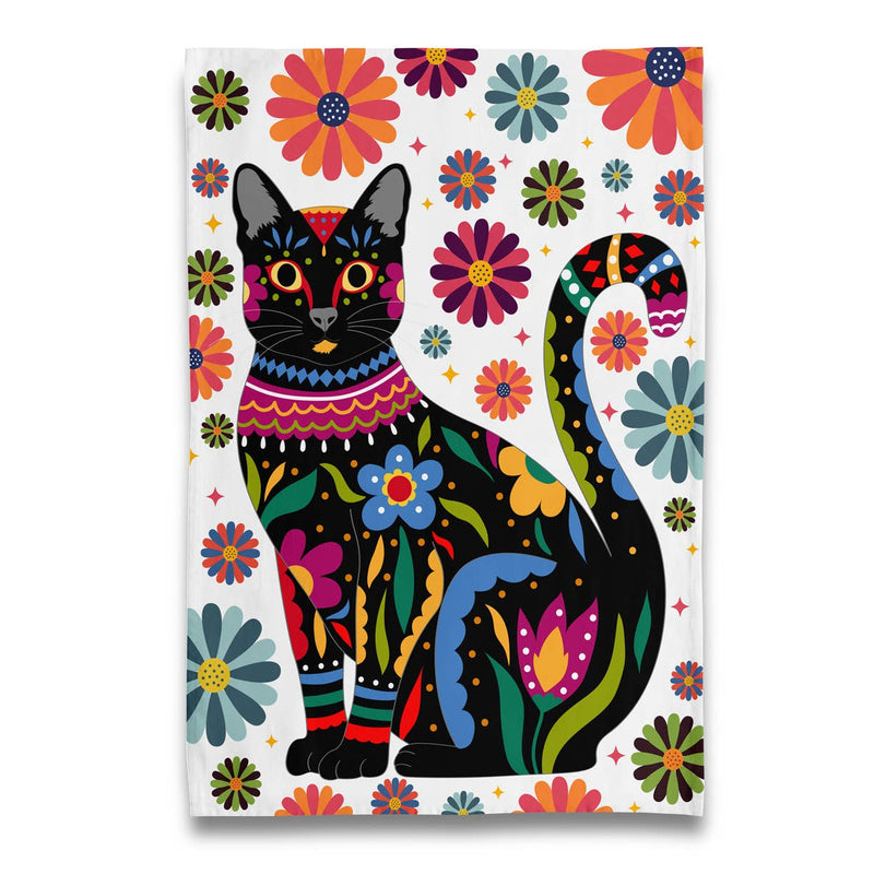 Naked Decor - Black Kitty Cat - Feline and Florals Tea Towel 